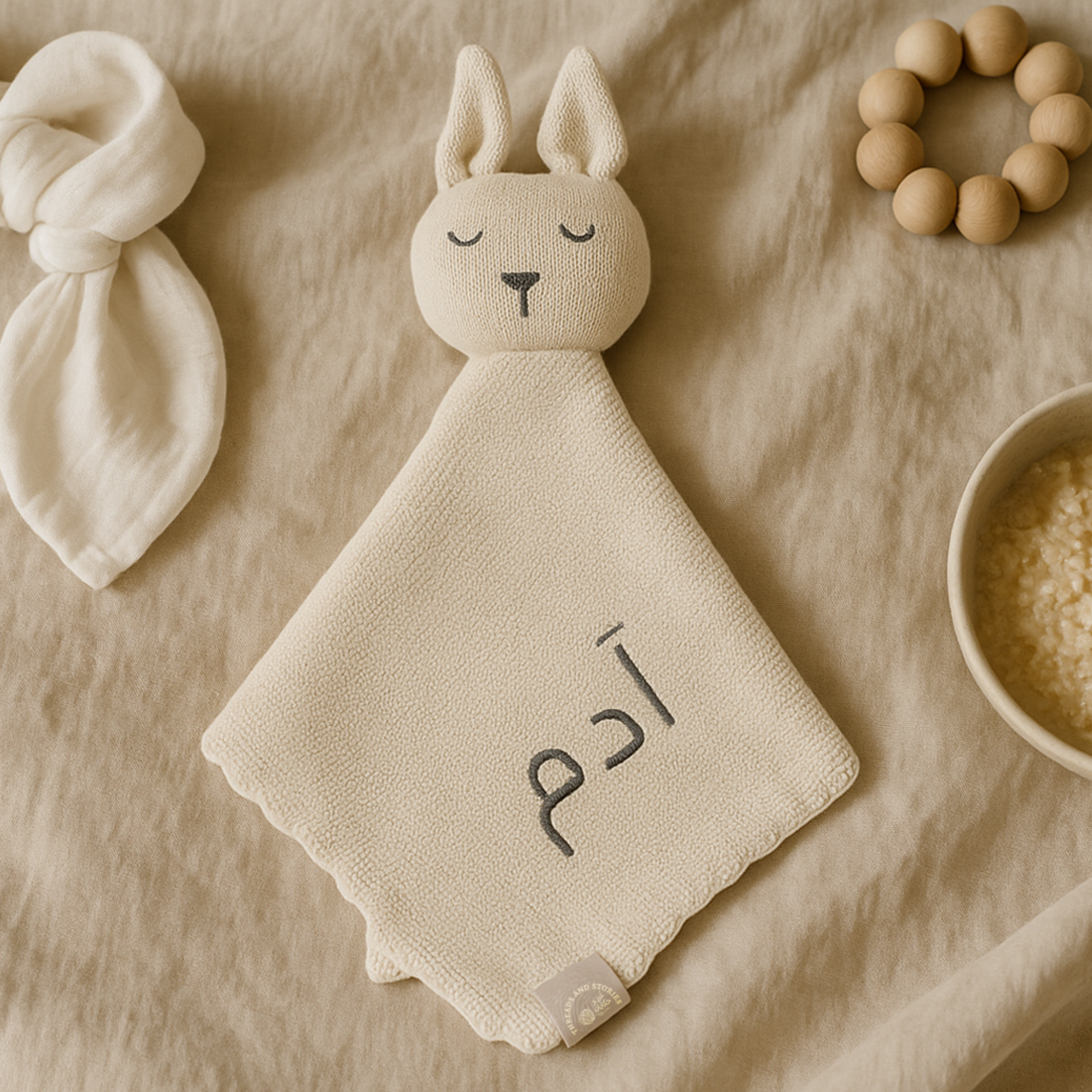 Beige baby comfort blanket with Arabic text, surrounded by baby items on a soft surface.